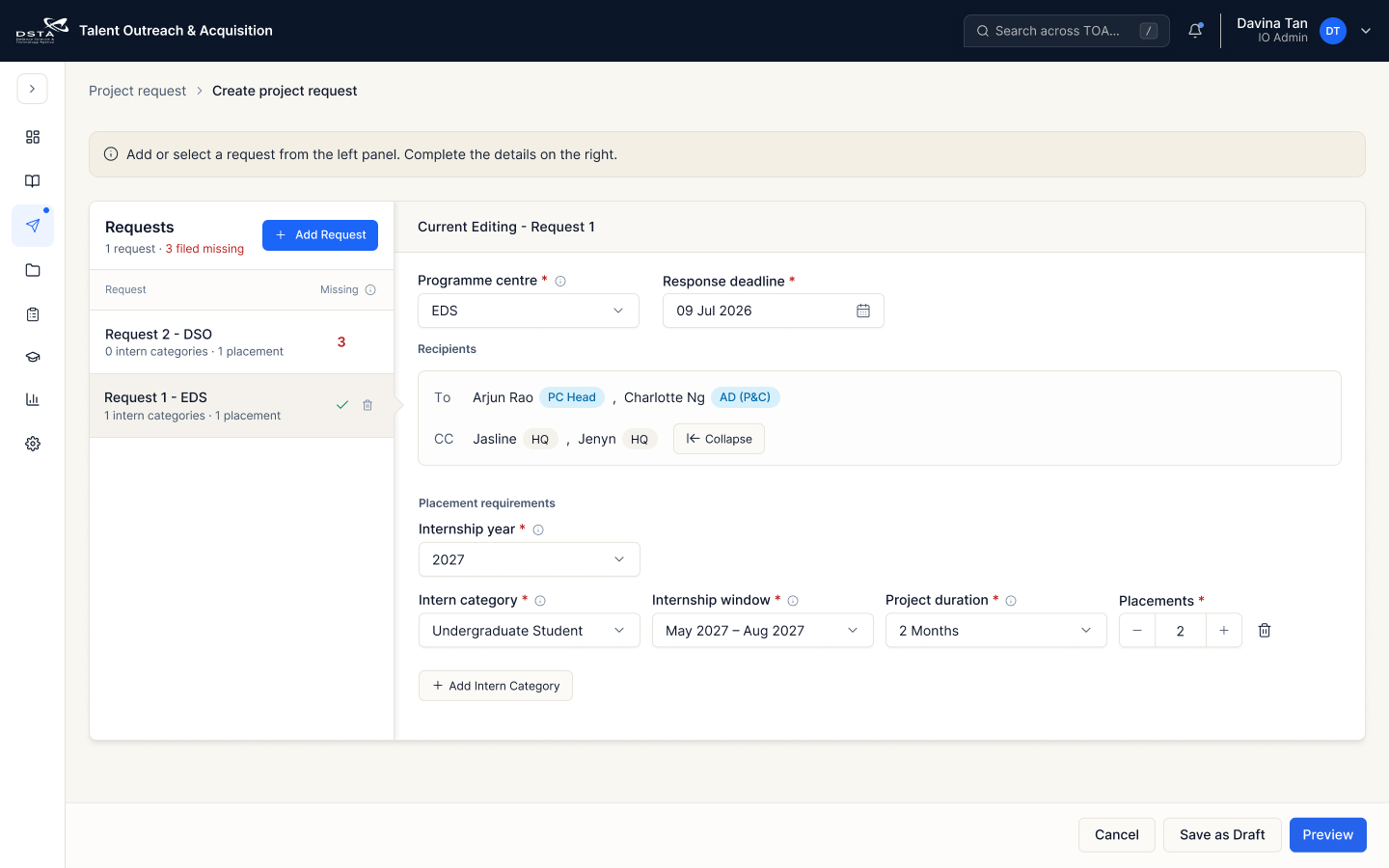 Create project request before the reviewed updates